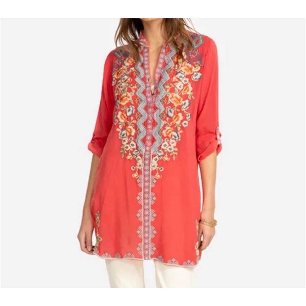 Johnny Was Harlow Embroidered Floral Tunic Top Women Pink XS Roll Tab Sleeve